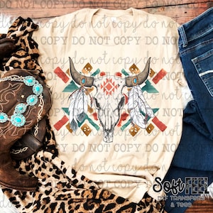 Aztec Cow Skull Country South Western Ranching Rodeo - DTF Transfer - Direct To Film Ready To Press Transfer-Iron On Clothing Transfer