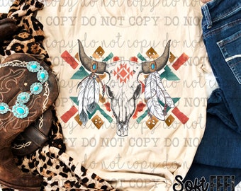 Cráneo de vaca azteca, rancho del suroeste, rodeo, transferencia DTF, transferencia directa a película, lista para prensar, transferencia para planchar sobre ropa