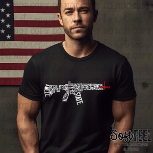 May include: A black t-shirt with a white graphic of a gun made from the words "A well regulated Militia, being necessary to the security of a free State, the right of the people to keep and bear Arms, shall not be infringed."