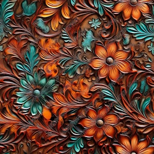Könnte beinhalten: Nahaufnahme eines Lederhintergrunds mit einem geprägten Design aus orangefarbenen und türkisfarbenen Blumen. Das Design ist kompliziert und detailliert, mit einem rustikalen und Vintage-Feeling.