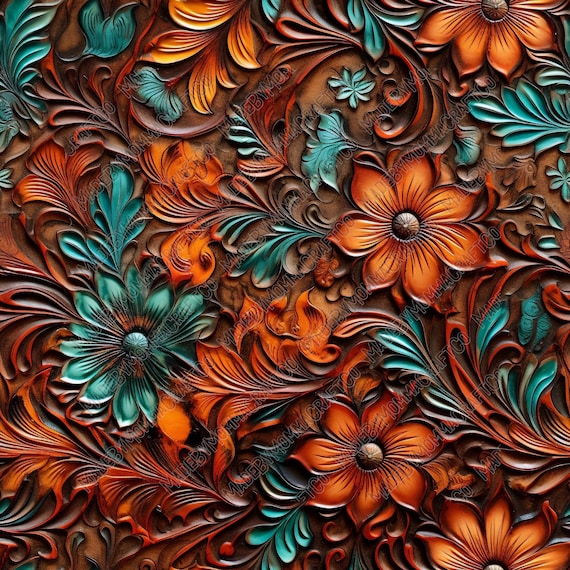 Turquoise Tooled Leather - 12x12" Patterned Vinyl for Tumblers - Solvent Resistant Rubbing Alcohol SAFE Moveable Adhesive Vinyl
