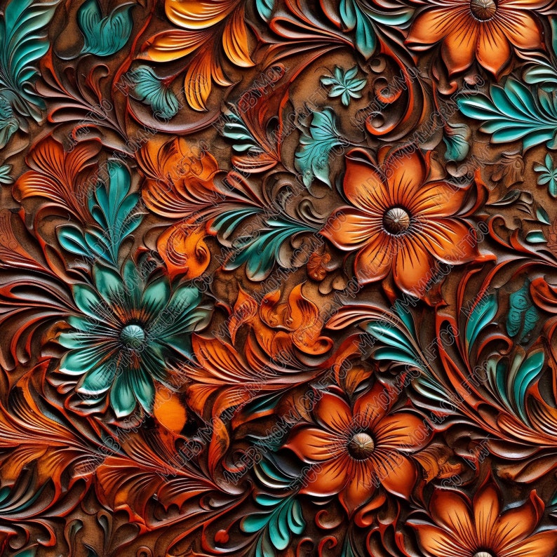 May include: A close-up of a leather background with a tooled design of orange and teal flowers. The design is intricate and detailed, with a rustic and vintage feel.