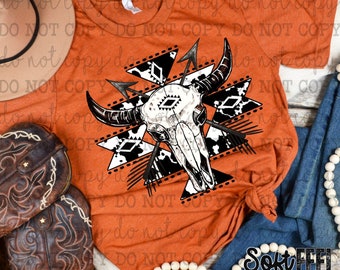 Cráneo de vaca azteca Rodeo Country Western - Transferencia DTF - Transferencia directa a película lista para prensar - Transferencia para planchar sobre ropa