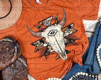 Cráneo de vaca azteca Rodeo Country Western - Transferencia DTF - Transferencia directa a película lista para prensar - Transferencia para planchar sobre ropa