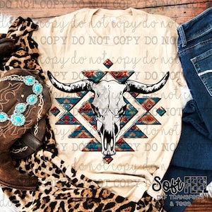 Aztec Cow Skull Country South Western Ranching Rodeo - DTF Transfer - Direct To Film Ready To Press Transfer-Iron On Clothing Transfer