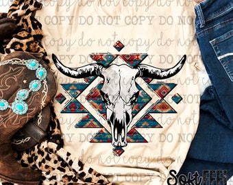 Aztec Cow Skull Country South Western Ranching Rodeo - DTF Transfer - Direct To Film Ready To Press Transfer-Iron On Clothing Transfer