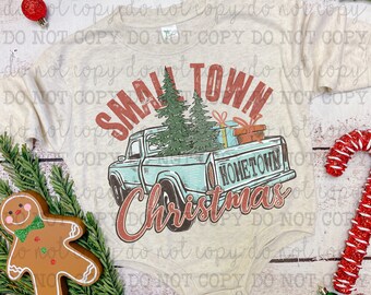 Camión navideño vintage de pueblo pequeño - Transferencia DTF - Transferencia directa a película lista para prensar - Transferencia para planchar sobre ropa