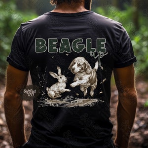 May include: A black t-shirt with a green distressed graphic of a beagle and a rabbit with the text "BEAGLE up" above them.