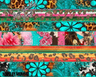 Western Gemstone Leopard Mashup - 12x12" Patterned Vinyl for Tumblers - Solvent Resistant Rubbing Alcohol SAFE Moveable Adhesive Vinyl