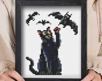 Halloween Katze Kreuzstichmuster | Lustige Katze Stickerei Halloween schwarze Katze Kreuzstich Muster PDF Download | Kitty Kreuzstich,Kätzchen