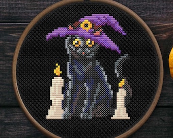 Halloween Katze Kreuzstichmuster | Lustige Katze Stickerei Halloween schwarze Katze Kreuzstich Muster PDF Download | Kitty Kreuzstich,Kätzchen
