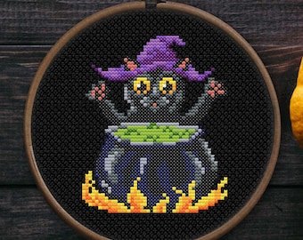 Halloween Witch Cat Cross Stitch Patterns | Funny Cat Embroidery Halloween Black Cat Cross Stitch Pattern PDF Download | Kitty Cross Stitch