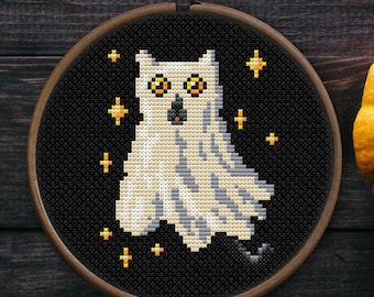 Halloween Ghost Cat Cross Stitch Patterns | Funny Cat Embroidery Halloween Black Cat Cross Stitch Pattern PDF Download | Kitty Cross Stitch