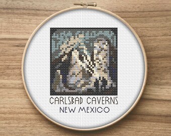 May include: Cross-stitch embroidery hoop with a white background and a colorful image of Carlsbad Caverns, New Mexico. The text "Carlsbad Caverns New Mexico" is printed below the image.