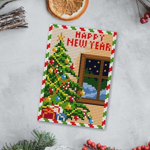 Patrón de punto de cruz para tarjeta navideña, mini punto de cruz, punto de cruz fácil, regalo de Navidad, postal navideña, patrón de Año Nuevo