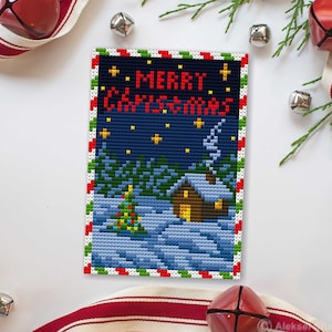 Patrón Punto de Cruz Tarjeta Navidad, Mini Punto de Cruz, Punto de Cruz Fácil, Regalo Navidad, Postal Navidad, Patrón Año Nuevo