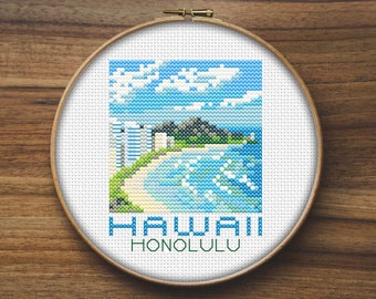 Wzór haftu krzyżykowego Hawaje, Honolulu, Mini wzór haftu krzyżykowego, Łatwy haft krzyżykowy, Wzór haftu krzyżykowego, Nowoczesny haft krzyżykowy