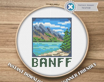 Banff Canada National Park Cross Stitch Pattern PDF – Tiny Travel Embroidery, Modern Nature Scenes, Easy Downloadable Needlework