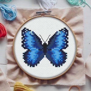 May include: A blue butterfly cross-stitch pattern on white fabric in a wooden embroidery hoop.