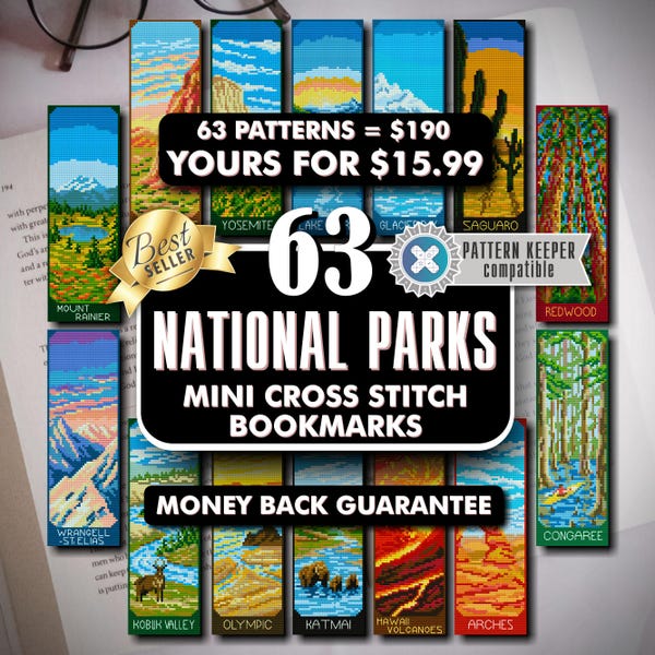 63 nationale parken kruissteek bladwijzercollectie, modern mini-borduurpatroon, geteld kruissteekpatroon voor boekenliefhebber downloadbaar