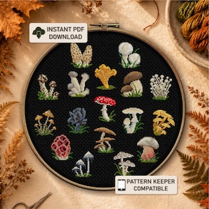 Op de afbeelding: Een ronde borduurring met een zwart stuk stof met een kruissteekpatroon van diverse paddenstoelen in verschillende kleuren en vormen. De afbeelding bevat de tekstlabels INSTANT PDF DOWNLOAD en PATTERN KEEPER COMPATIBLE.