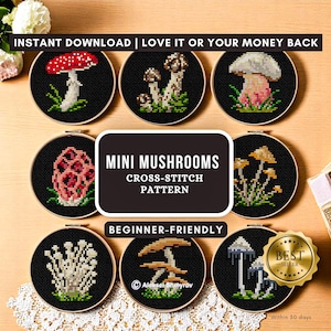 Woodland Mushrooms Cross Stitch Pattern PDF - Goblincore mini Cross Stitch Embroidery Design, Cute Dark Cottagecore Gift, Instant Download