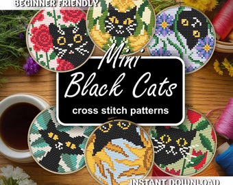 Tiny Cute Black Cat Cross Stitch Patterns Bundle | Funny Cat Embroidery Designs | Cat lover Crossstitch Pattern cat digital PDF for Beginner