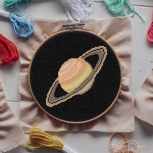 Mini Saturn Cross Stitch Pattern, Solar System Cross Stitch, Easy Cross Stitch, Astronomical Embroidery, Simple Cross Stitch, Space pattern