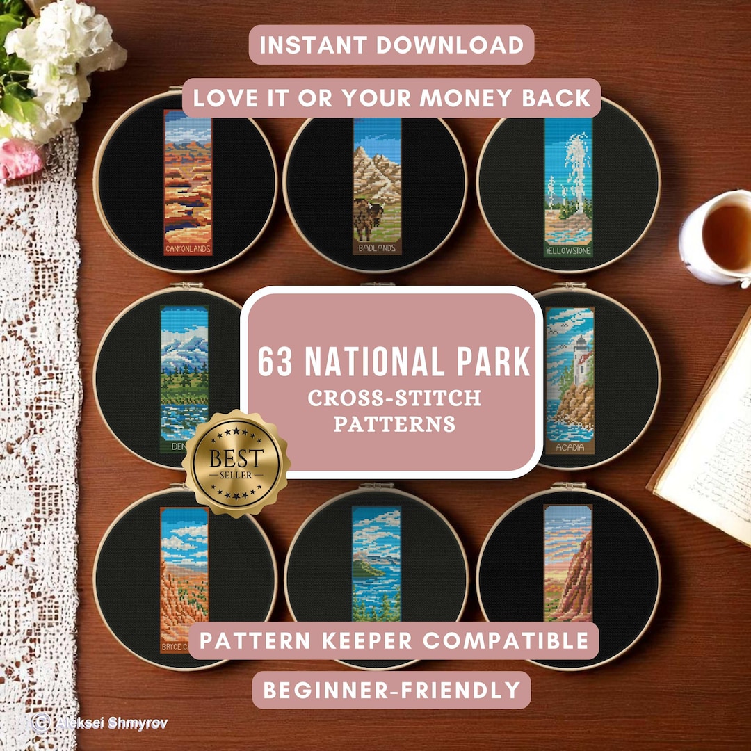 63 National Parks Cross Stitch Bookmark Collection, Modern Mini Embroidery Pattern, Counted Cross Stitch Pattern for Book Lover Downloadable