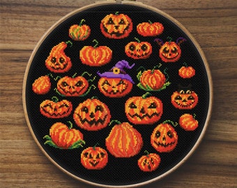 Schema per mini punto croce di zucche, punto croce spettrale, punto croce facile, ricamo di Halloween, punto croce semplice, decorazione di Halloween