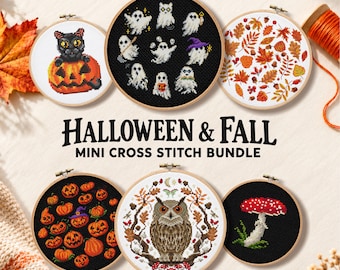 May include: Six circular embroidery hoops containing cross stitch patterns featuring a black cat in a pumpkin, ghosts, autumn leaves, jack-o'-lanterns, an owl, and a mushroom. The text reads HALLOWEEN & FALL MINI CROSS STITCH BUNDLE.