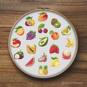 Mini Fruits Cross Stitch Pattern, Avocado Cross Stitch, Easy Cross Stitch, Food Embroidery, Simple Cross Stitch, Kitchen Cross Stitch