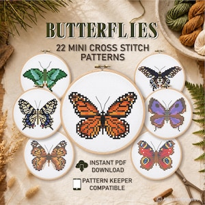 Op de afbeelding: Een verzameling van zeven ronde borduurringen met kruissteekpatronen van diverse vlinders in oranje, groen, blauw, paars en rood. De tekst luidt BUTTERFLIES 22 MINI CROSS STITCH PATTERNS, INSTANT PDF DOWNLOAD en PATTERN KEEPER COMPATIBLE.