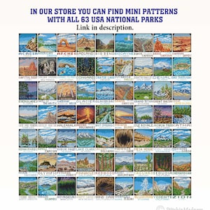 May include: A colorful illustration of all 63 US National Parks. Each park is represented by a small square image with a unique landscape scene. The text "IN OUR STORE YOU CAN FIND MINI PATTERNS WITH ALL 63 USA NATIONAL PARKS" is at the top of the image. The text "Link in description." is below the text. The text "(C) Stitchin Madness" is at the bottom right corner of the image.
