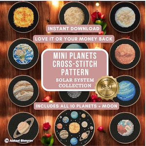 Peut inclure: Une collection de patrons de point de croix représentant les planètes du système solaire, dont le soleil, la terre et la lune. Les motifs sont présentés dans des cerceaux à broder noirs. Le texte indique "Mini Planètes Point de Croix Motif Collection Système Solaire".