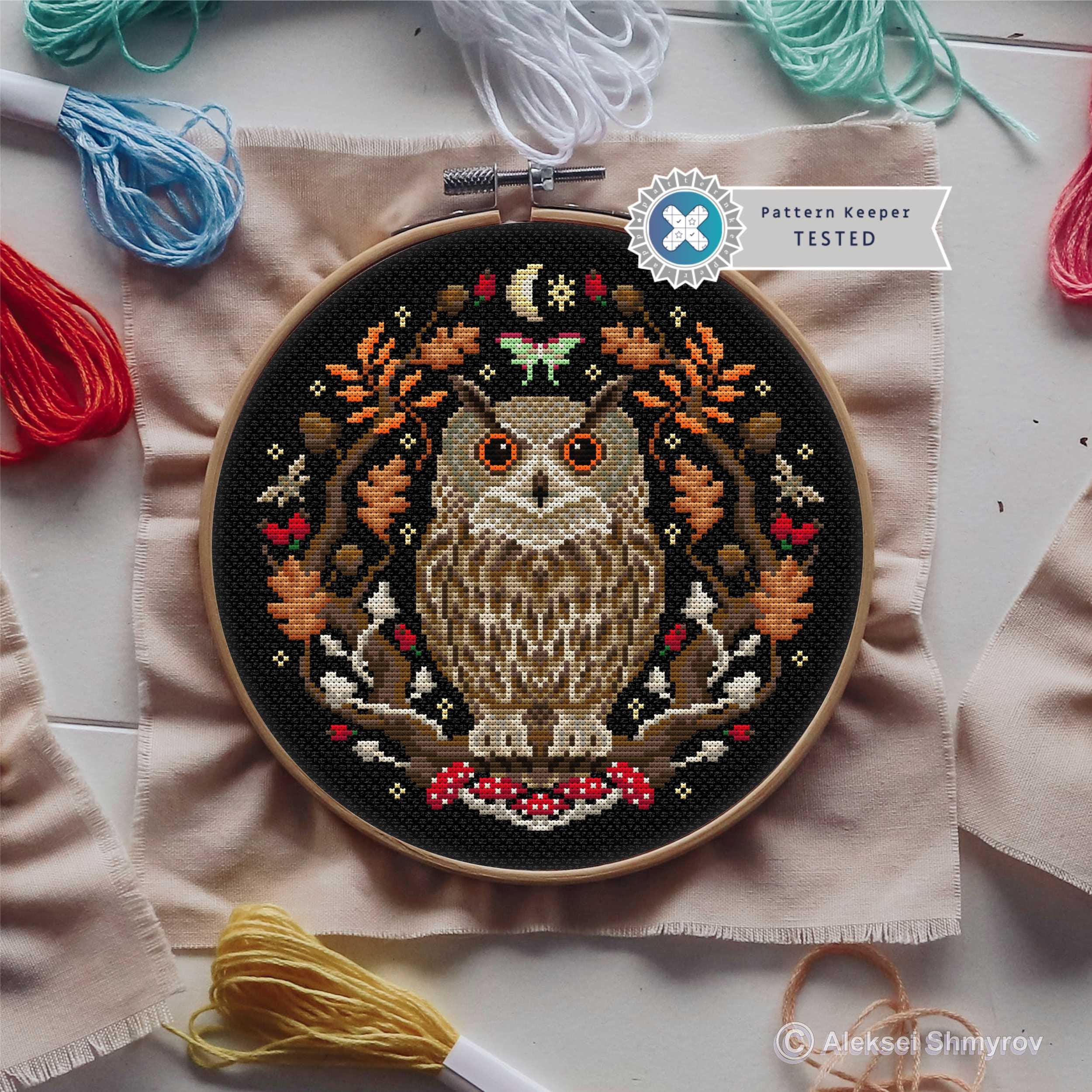 Autumn Owl Cross Stitch Pattern, Witchy Cross Stitch, Easy Cross Stitch, Fall Embroidery, Simple Cro