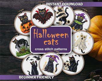 Puede incluir: Una colección de patrones de punto de cruz con gatos de Halloween en varios diseños. Los diseños incluyen gatos disfrazados de vampiros, fantasmas y brujas, exhibidos en aros de bordado. El texto "Halloween cats" y "Beginner Friendly" son visibles.
