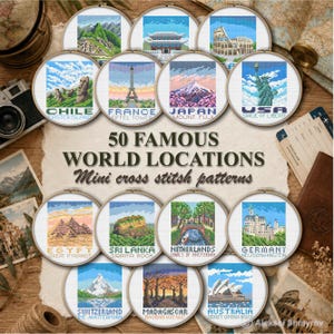 May include: A collection of circular embroidery hoops featuring cross-stitch patterns of famous world landmarks, including the Eiffel Tower, Statue of Liberty, and Mount Fuji, with the text 50 FAMOUS WORLD LOCATIONS Mini cross stitch patterns.