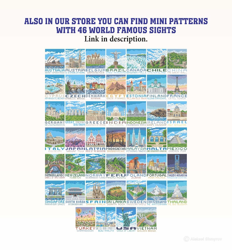 May include: A colorful grid of 46 mini pixel art patterns representing famous landmarks from around the world. The patterns are arranged in a grid with the name of the country and landmark below each pattern. The text "ALSO IN OUR STORE YOU CAN FIND MINI PATTERNS WITH 46 WORLD FAMOUS SIGHTS Link in description." is at the top of the image.
