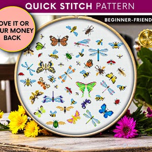 Mini Insect Cross Stitch Pattern PDF – Butterfly, Bee, Dragonfly & Bug Sampler – Beginner Modern Needlework, Cute Colorful Embroidery Gift
