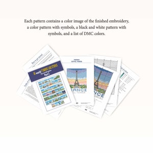 May include: A set of cross-stitch patterns featuring famous locations around the world. The patterns include a color image, a color pattern with symbols, a black and white pattern with symbols, and a list of DMC colors. The image shows a pattern for the Eiffel Tower in Paris, France.