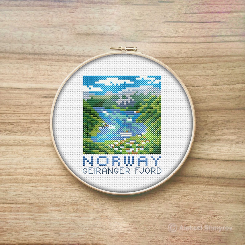 Norwegen-Reise-Kreuzstichmuster, Geirangerfjord, Mini-Kreuzstichmuster, Einfaches Kreuzstichmuster, Geschenk für Reisende, Schlichtes Kreuzstichmuster