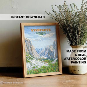 May include: A framed cross-stitch art piece featuring a landscape of Yosemite National Park. The artwork, in a wooden frame, depicts mountains, trees, and a waterfall. Text on the art reads "YOSEMITE NATIONAL PARK". The image also includes text that says "INSTANT DOWNLOAD" and "MADE FROM A REAL WATERCOLOR PAINTING".