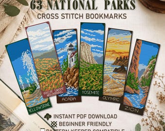 63 National Parks Cross Stitch Bookmark Pattern, Easy Bookmark Embroidery, Counted Cross Stitch Pattern for Book Lover, Instant Download PDF