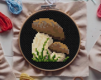 May include: A cross-stitch embroidery hoop with a black background featuring two brown and white mushrooms with green grass at the base.