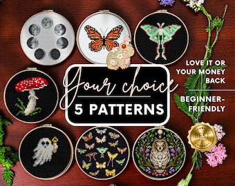 Choose any 5 Cross Stitch Patterns - Easy Beginner-Friendly Quick Mini Cross Stitch Pattern Bundle-Dark Cottagecore Cross Stitch Pattern Kit