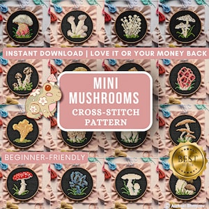 Könnte beinhalten: Eine Sammlung von Mini-Pilz-Kreuzstichmustern in Stickrahmen. Die Designs zeigen verschiedene Pilzarten in leuchtenden Farben auf schwarzem Hintergrund. Der Text "Mini Mushrooms Cross-Stitch Pattern" ist sichtbar.