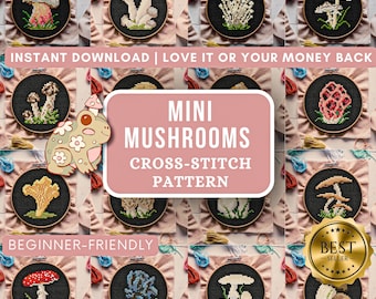 Woodland Mushrooms Cross Stitch Pattern PDF - Goblincore mini Cross Stitch Embroidery Design, Cute Dark Cottagecore Gift, Instant Download