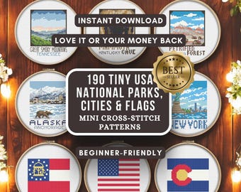 190 USA Mini Cross Stitch Patterns PDF - National Parks, Cities, and Flags - Easy Travel Embroidery for Beginners - Instant Download Bundle