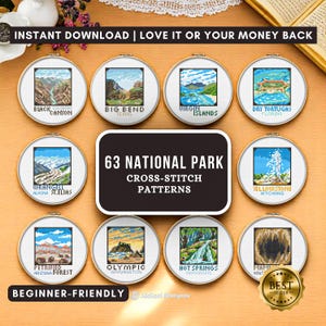 63 pequeños patrones de punto de cruz de parques nacionales en PDF: muestrario de puntadas de descarga instantánea, regalo de bordado moderno, punto de cruz para amantes de la naturaleza
